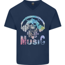 Music Skull With Headphones Dance Tekno Mens V-Neck Cotton T-Shirt Navy Blue