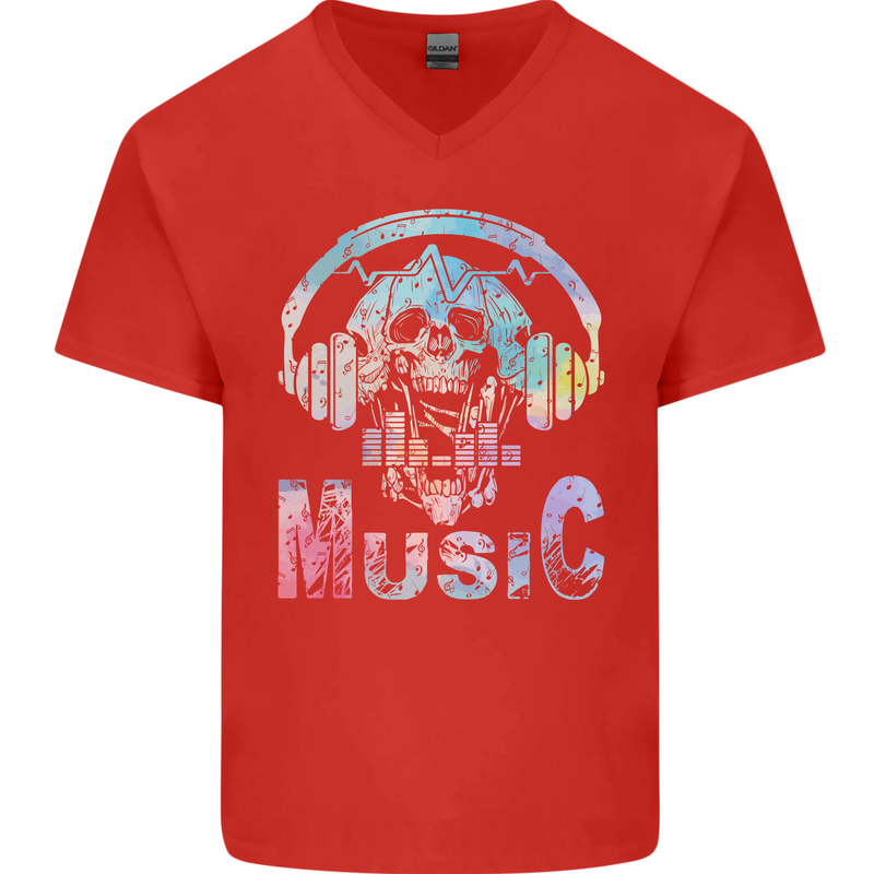 Music Skull With Headphones Dance Tekno Mens V-Neck Cotton T-Shirt Red
