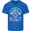 Music Skull With Headphones Dance Tekno Mens V-Neck Cotton T-Shirt Royal Blue