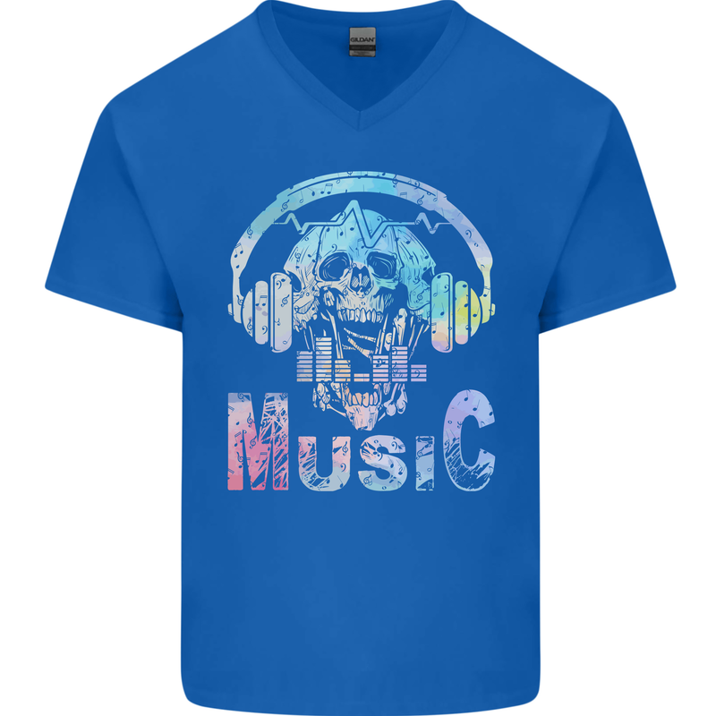 Music Skull With Headphones Dance Tekno Mens V-Neck Cotton T-Shirt Royal Blue