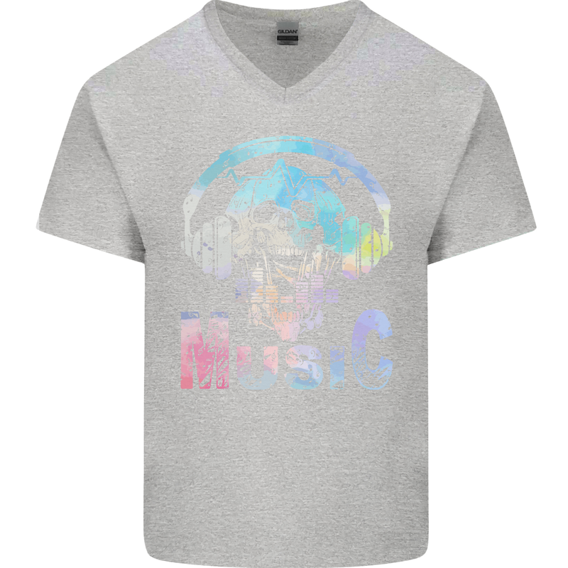 Music Skull With Headphones Dance Tekno Mens V-Neck Cotton T-Shirt Sports Grey
