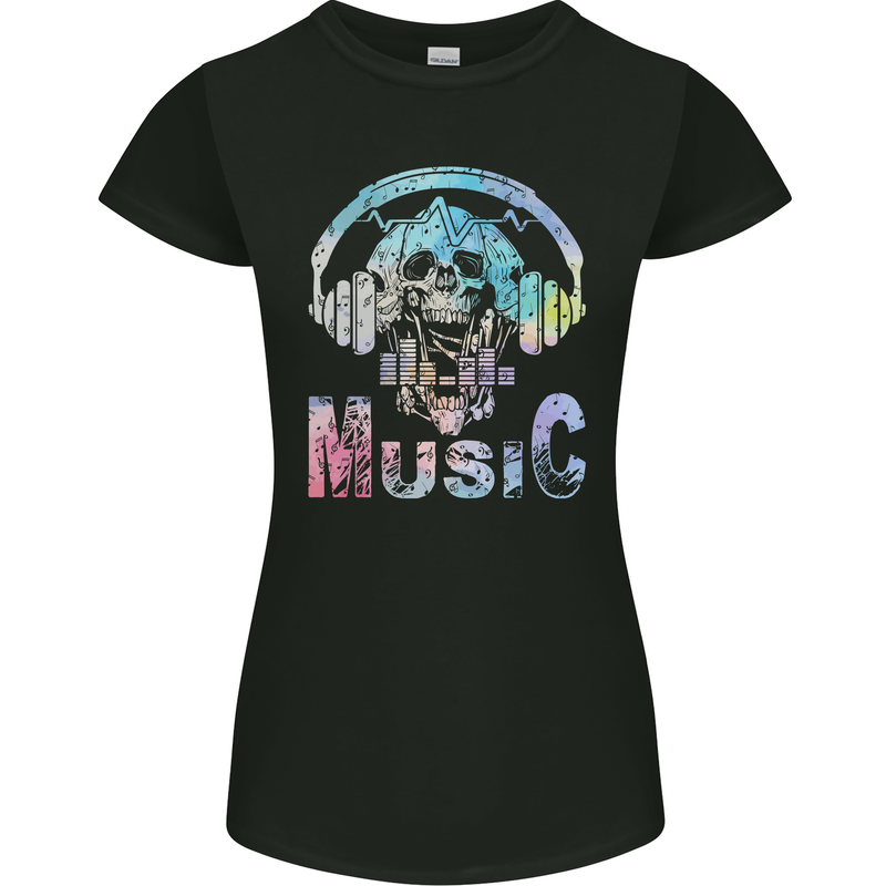 Music Skull With Headphones Dance Tekno Womens Petite Cut T-Shirt Black