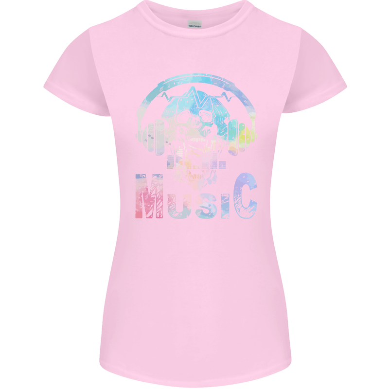 Music Skull With Headphones Dance Tekno Womens Petite Cut T-Shirt Light Pink