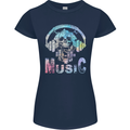 Music Skull With Headphones Dance Tekno Womens Petite Cut T-Shirt Navy Blue
