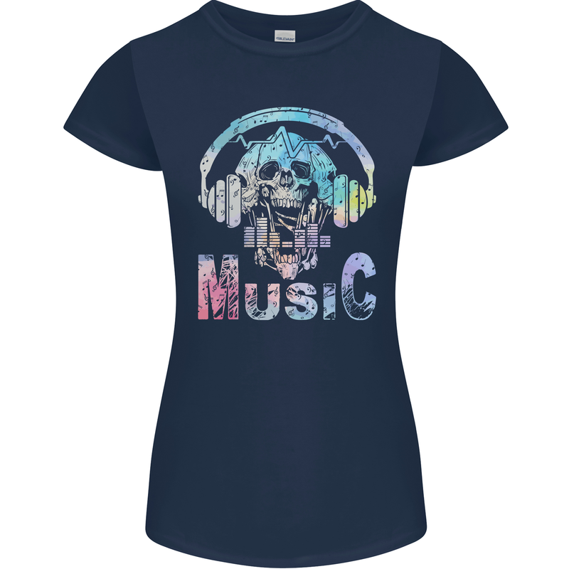 Music Skull With Headphones Dance Tekno Womens Petite Cut T-Shirt Navy Blue