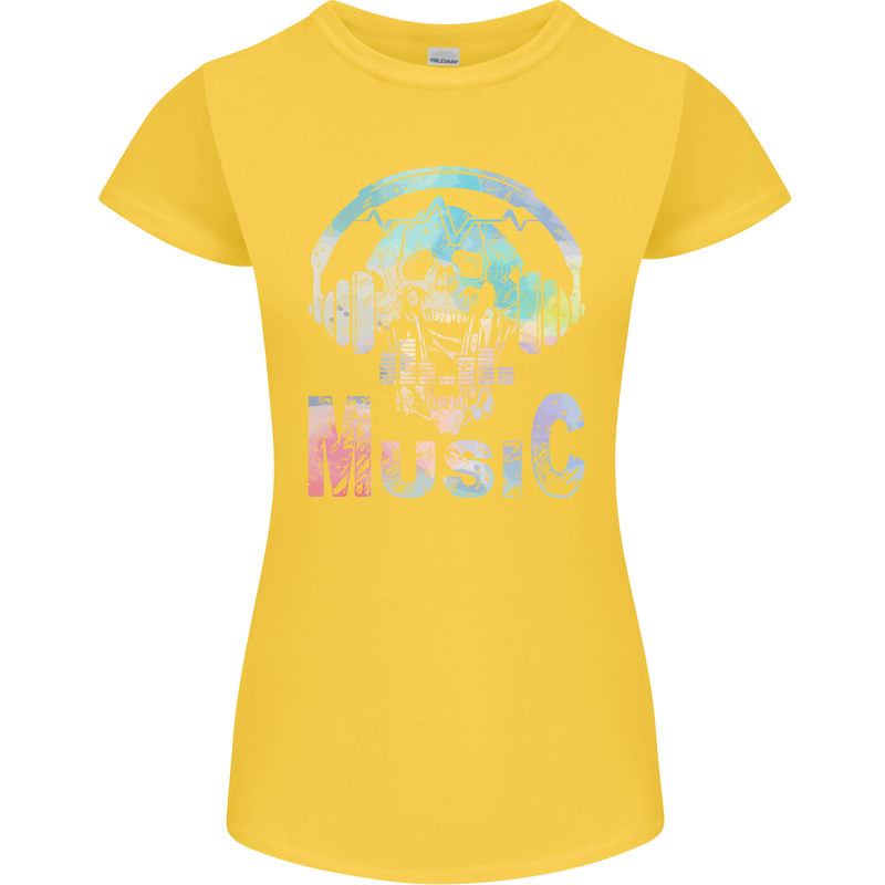 Music Skull With Headphones Dance Tekno Womens Petite Cut T-Shirt Yellow