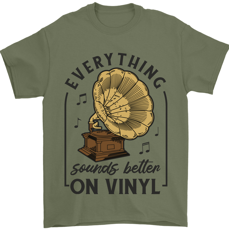 Music Sounds Better on Vinyl Records DJ Mens T-Shirt 100% Cotton Military Green