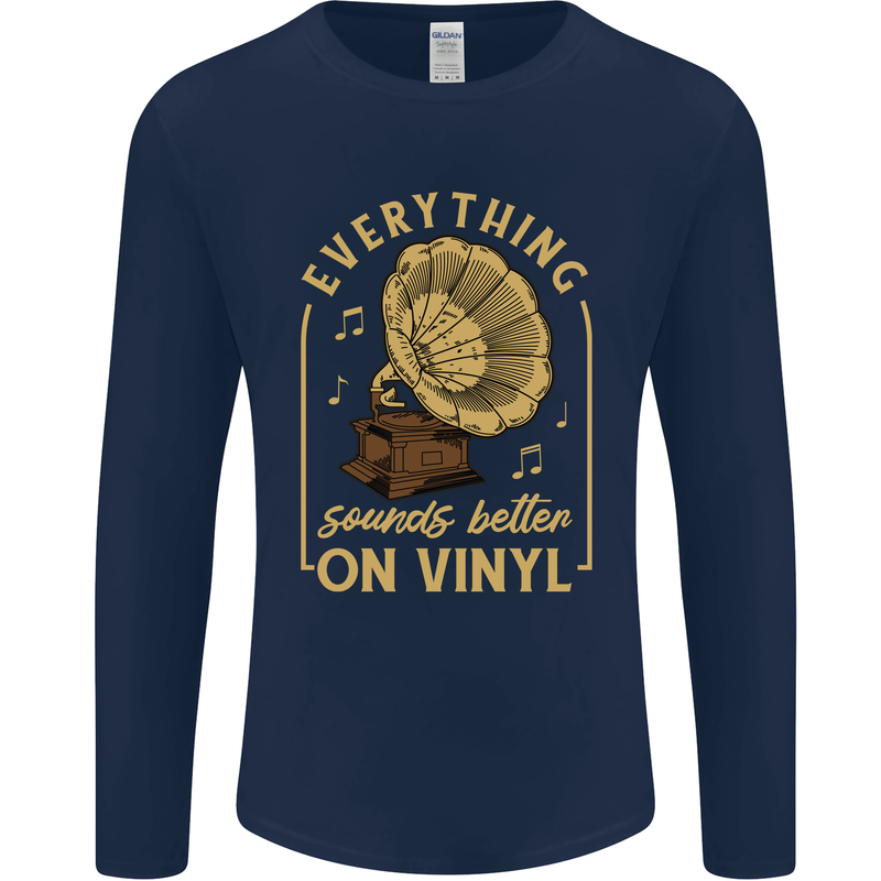 Music Sounds Better on Vinyl Records LP DJ Mens Long Sleeve T-Shirt Navy Blue