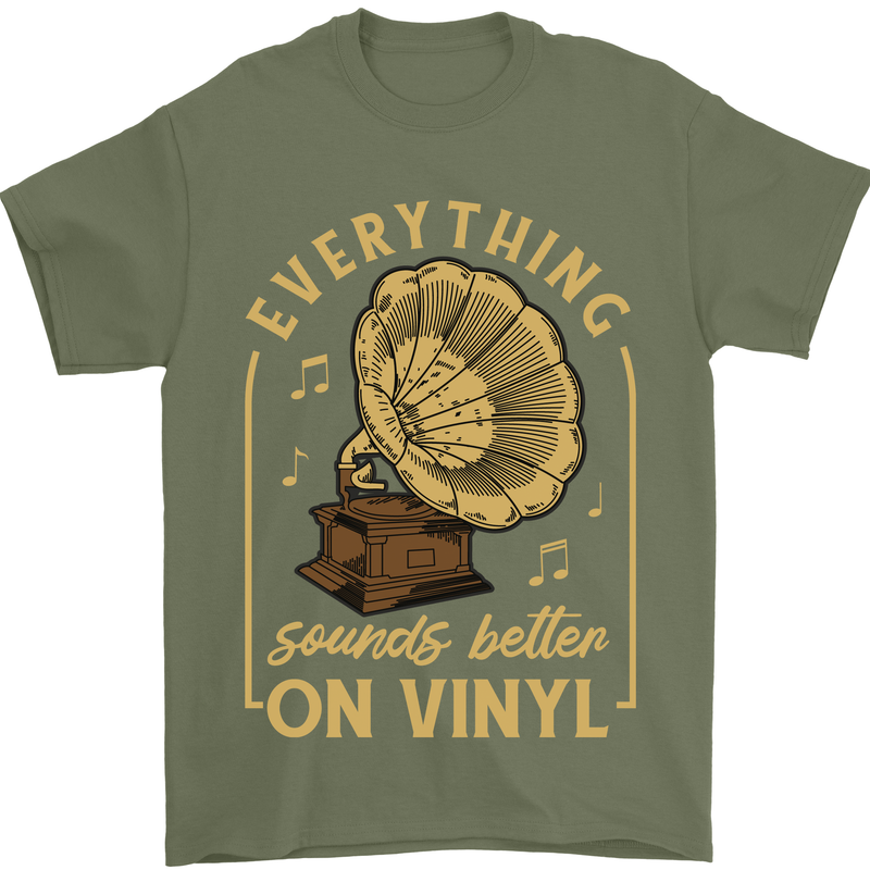 Music Sounds Better on Vinyl Records LP DJ Mens T-Shirt 100% Cotton Military Green