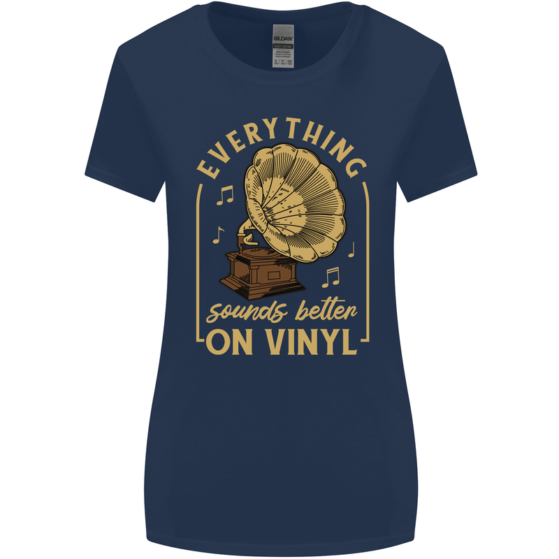 Music Sounds Better on Vinyl Records LP DJ Womens Wider Cut T-Shirt Navy Blue