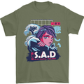 Music Vaporwave Anime Girl Emo SAD Mens T-Shirt Cotton Gildan Military Green