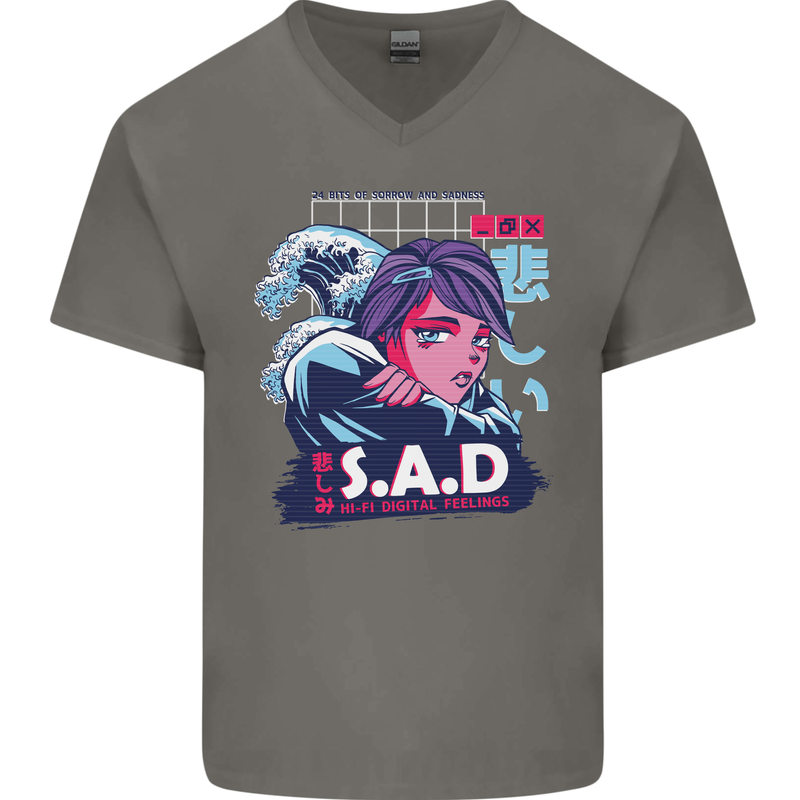 Music Vaporwave Anime Girl Emo SAD Mens V-Neck Cotton T-Shirt Charcoal