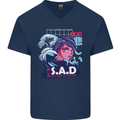 Music Vaporwave Anime Girl Emo SAD Mens V-Neck Cotton T-Shirt Navy Blue