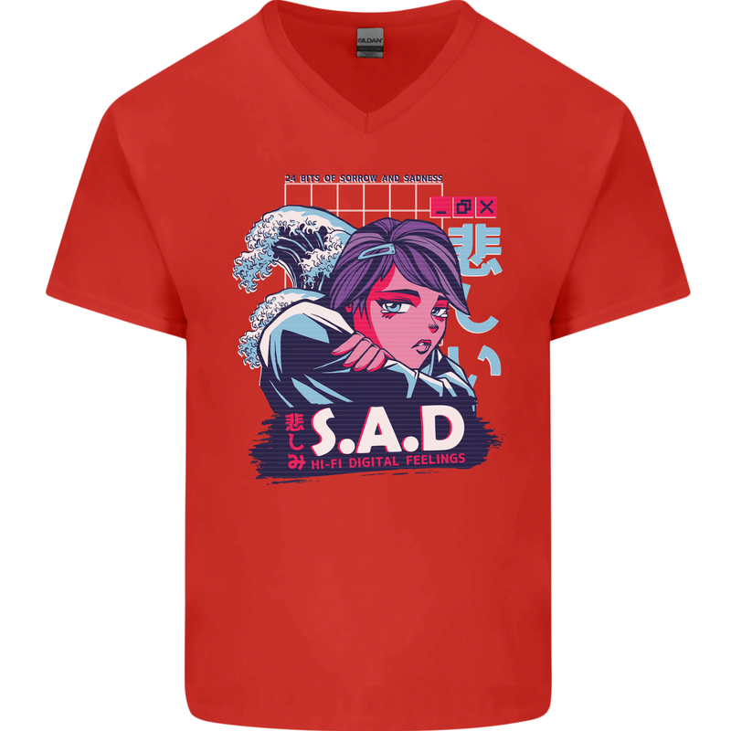 Music Vaporwave Anime Girl Emo SAD Mens V-Neck Cotton T-Shirt Red