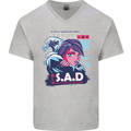 Music Vaporwave Anime Girl Emo SAD Mens V-Neck Cotton T-Shirt Sports Grey