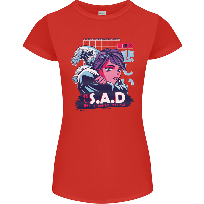 Music Vaporwave Anime Girl Emo SAD Womens Petite Cut T-Shirt Red