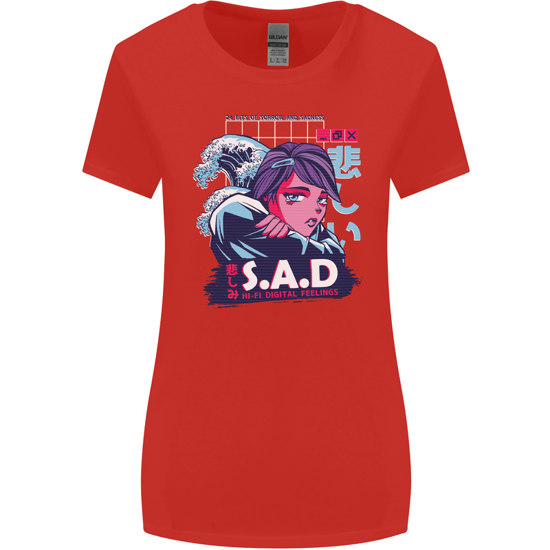 Music Vaporwave Anime Girl Emo SAD Womens Wider Cut T-Shirt Red