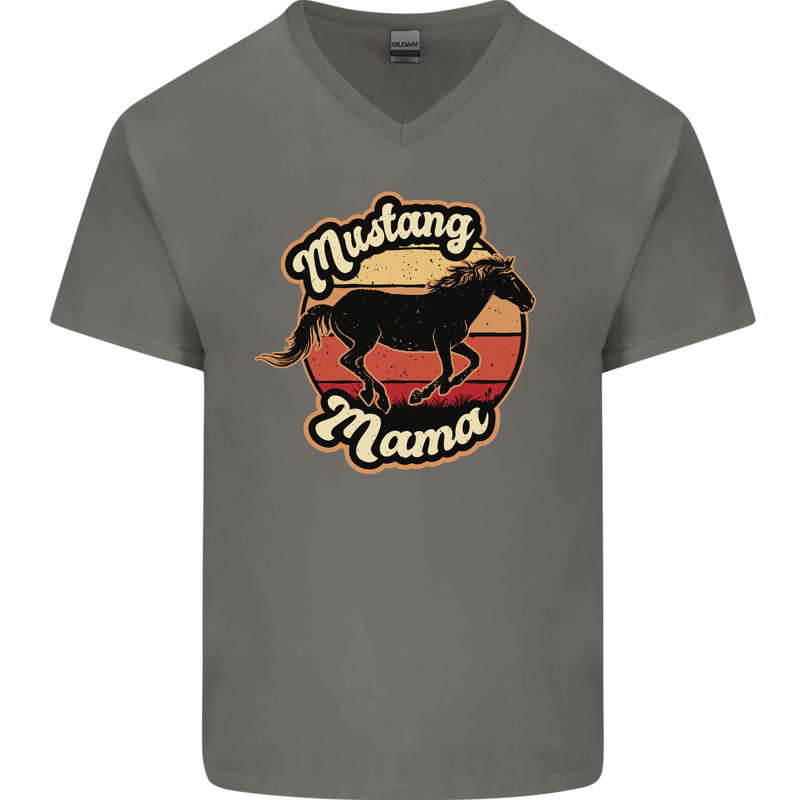 Mustang Mama Equestrian Horse Mens V-Neck Cotton T-Shirt Charcoal