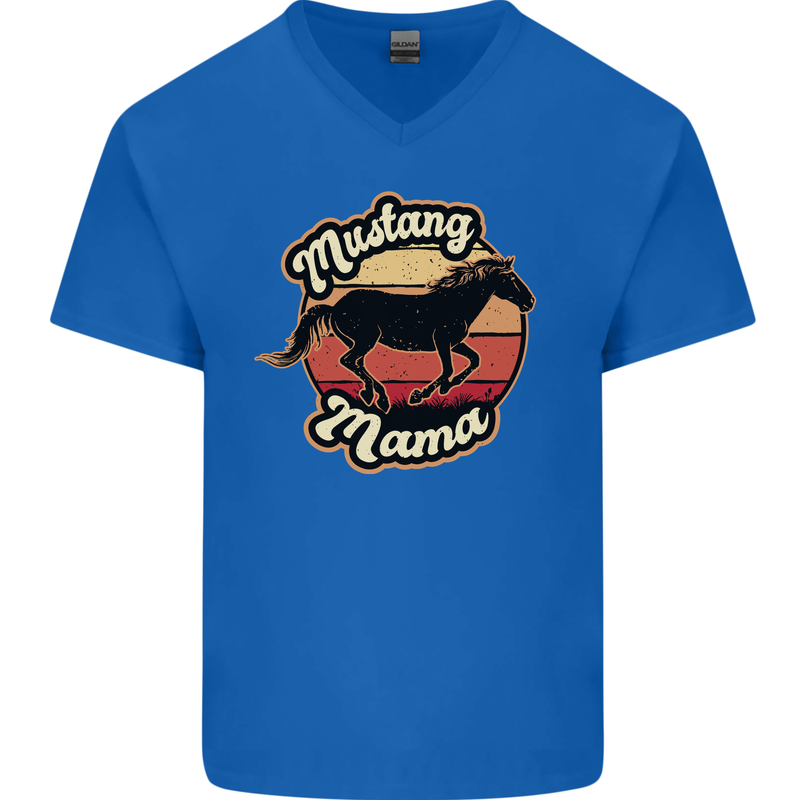 Mustang Mama Equestrian Horse Mens V-Neck Cotton T-Shirt Royal Blue