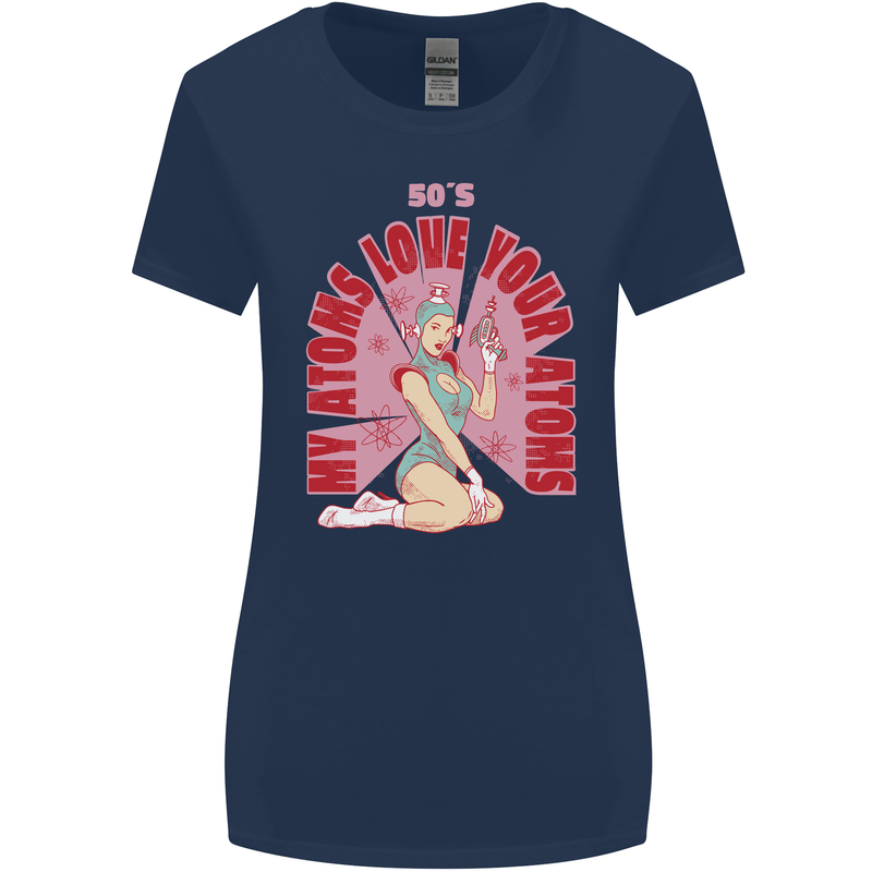My Atoms Love Funny Physics Valentine's Day Womens Wider Cut T-Shirt Navy Blue