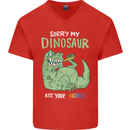 My Dinosaur Ate Your Unicorn Funny T-Rex Mens V-Neck Cotton T-Shirt Red