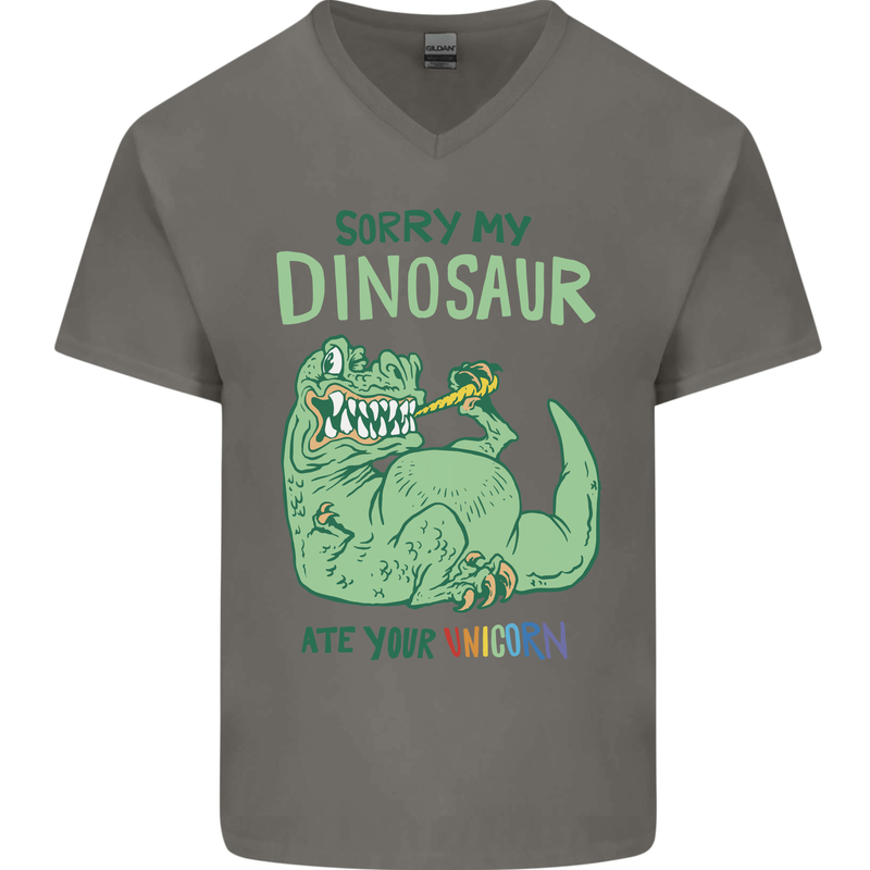 My Dinosaur Ate Your Unicorn T-Rex Funny Mens V-Neck Cotton T-Shirt Charcoal