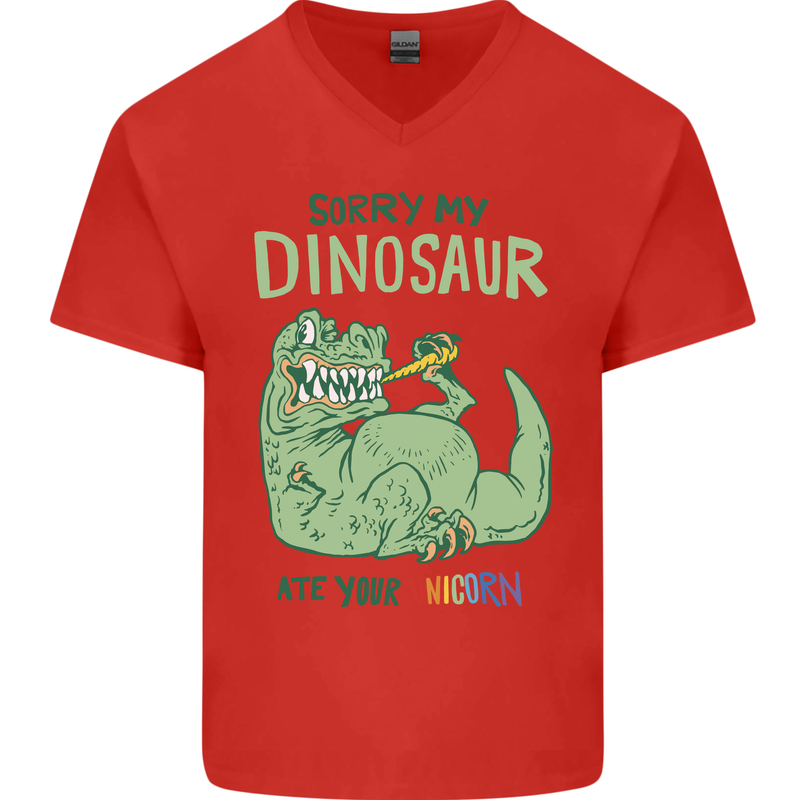 My Dinosaur Ate Your Unicorn T-Rex Funny Mens V-Neck Cotton T-Shirt Red