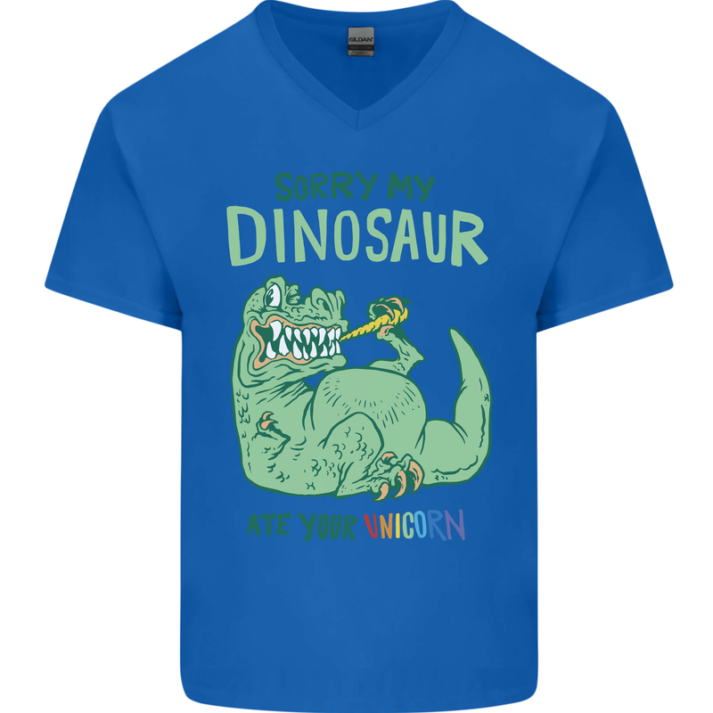 My Dinosaur Ate Your Unicorn T-Rex Funny Mens V-Neck Cotton T-Shirt Royal Blue