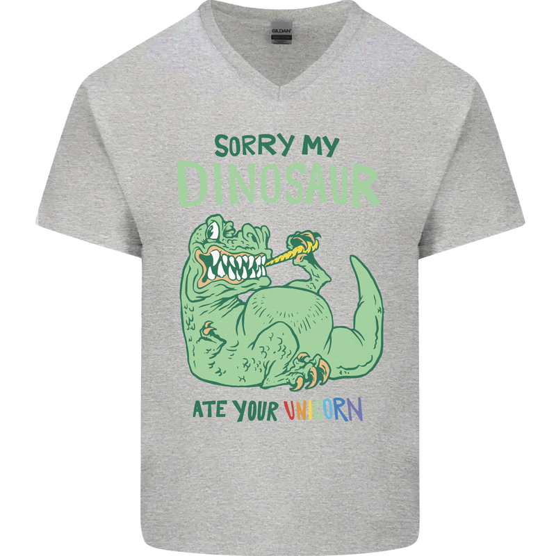 My Dinosaur Ate Your Unicorn T-Rex Funny Mens V-Neck Cotton T-Shirt Sports Grey