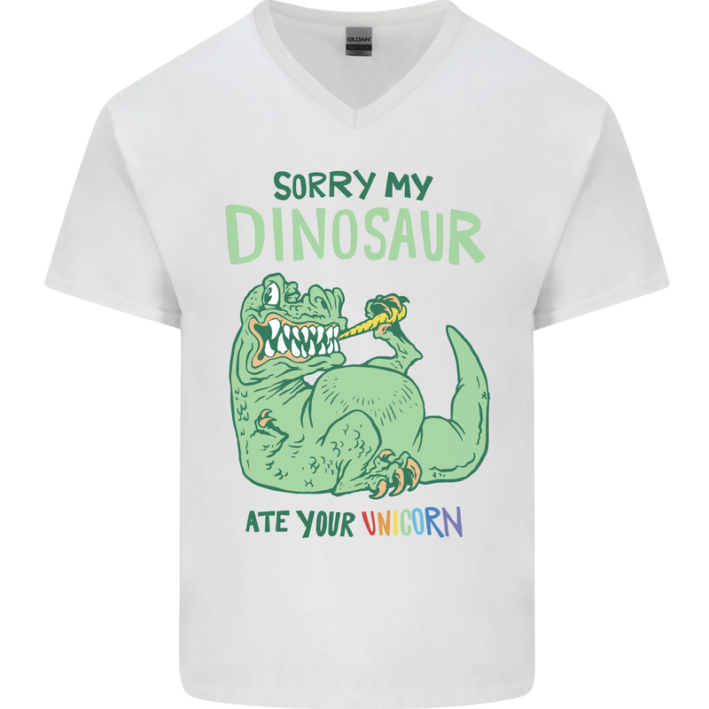 My Dinosaur Ate Your Unicorn T-Rex Funny Mens V-Neck Cotton T-Shirt White