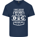 My Dog Rescued Me Funny Mens V-Neck Cotton T-Shirt Navy Blue