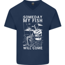 My Fish Will Come Funny Fishing Fisherman Mens V-Neck Cotton T-Shirt Navy Blue
