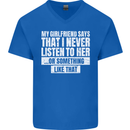 My Girlfriend Says I Never Listen Funny Mens V-Neck Cotton T-Shirt Royal Blue