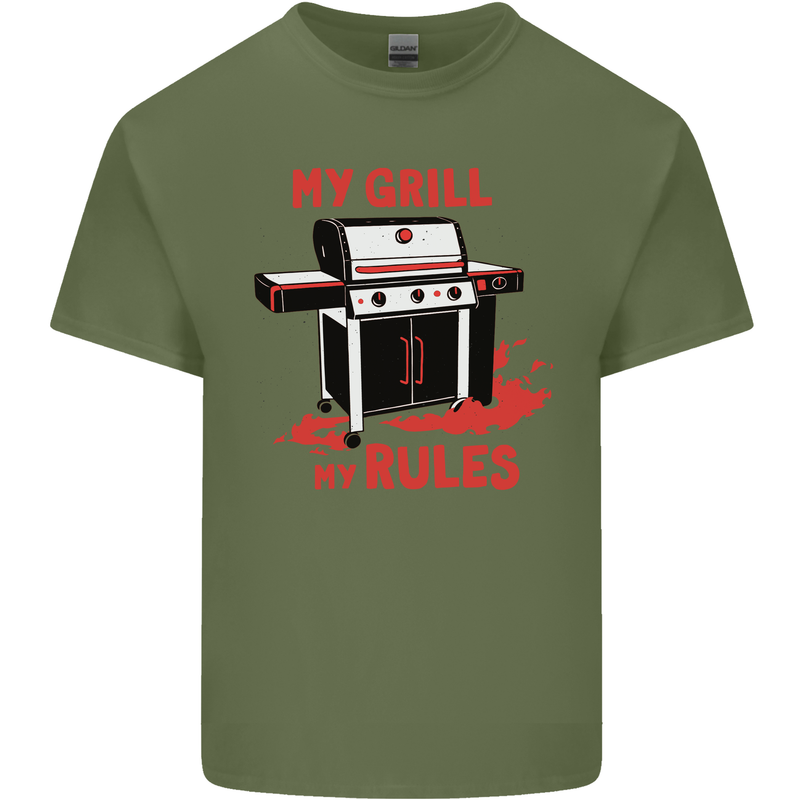 My Grill My Rules Funny BBQ Mens Cotton T-Shirt Tee Top Military Green