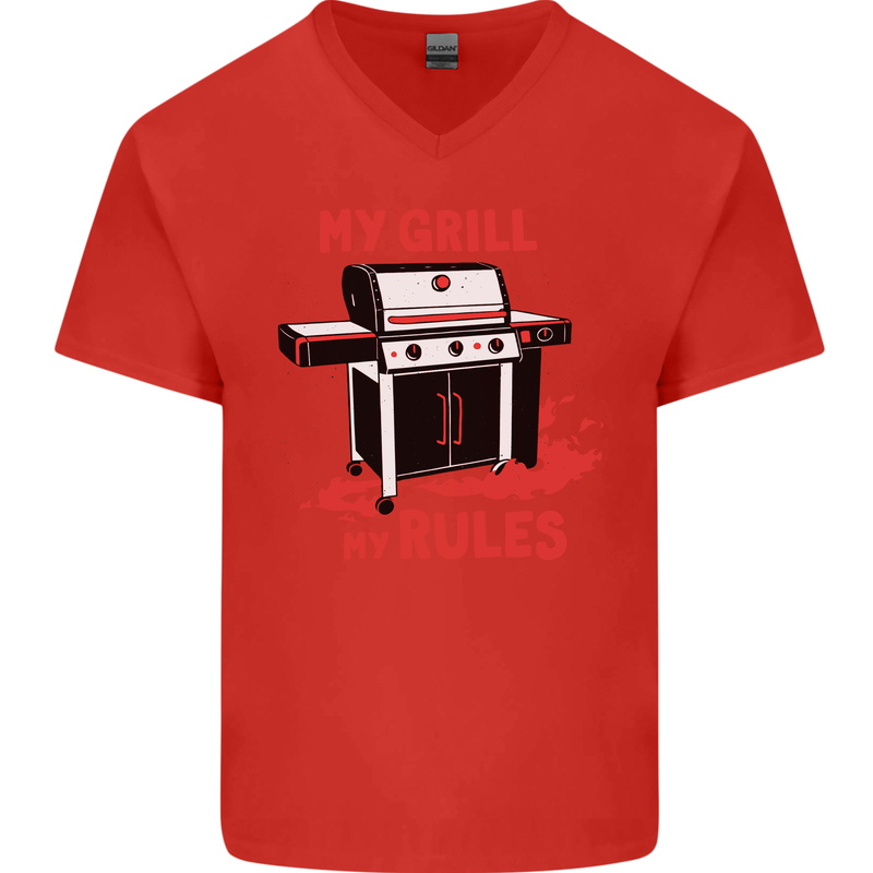 My Grill My Rules Funny BBQ Mens V-Neck Cotton T-Shirt Red