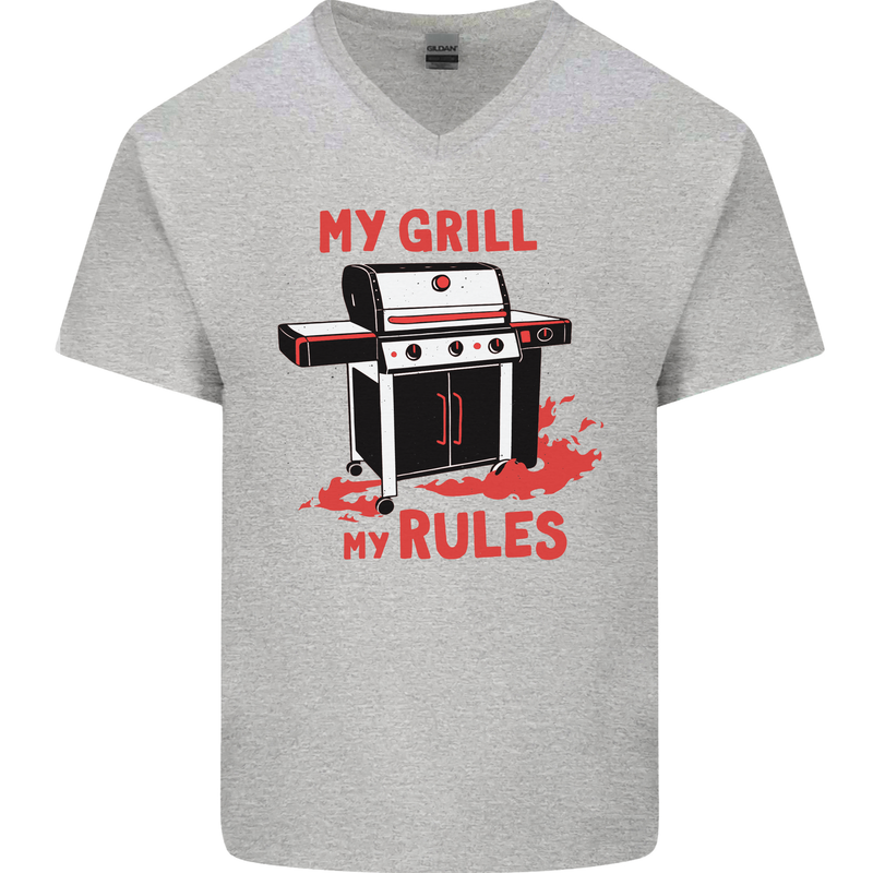 My Grill My Rules Funny BBQ Mens V-Neck Cotton T-Shirt Sports Grey