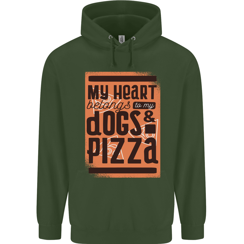 My Heart Belongs to Dogs & Pizza Funny Childrens Kids Hoodie Forest Green