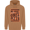 My Heart Belongs to Dogs & Pizza Funny Mens 80% Cotton Hoodie Caramel Latte