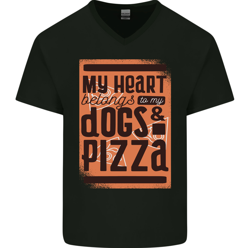 My Heart Belongs to Dogs & Pizza Funny Mens V-Neck Cotton T-Shirt Black