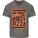 My Heart Belongs to Dogs & Pizza Funny Mens V-Neck Cotton T-Shirt Charcoal