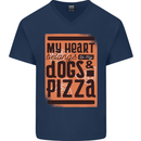 My Heart Belongs to Dogs & Pizza Funny Mens V-Neck Cotton T-Shirt Navy Blue