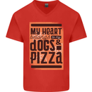 My Heart Belongs to Dogs & Pizza Funny Mens V-Neck Cotton T-Shirt Red