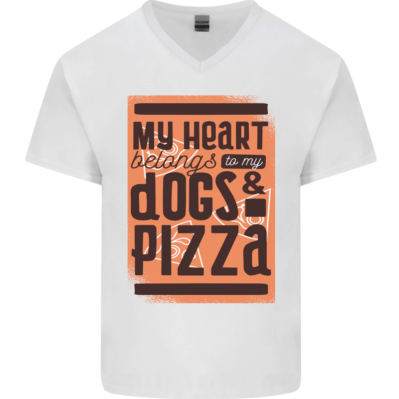 My Heart Belongs to Dogs & Pizza Funny Mens V-Neck Cotton T-Shirt White