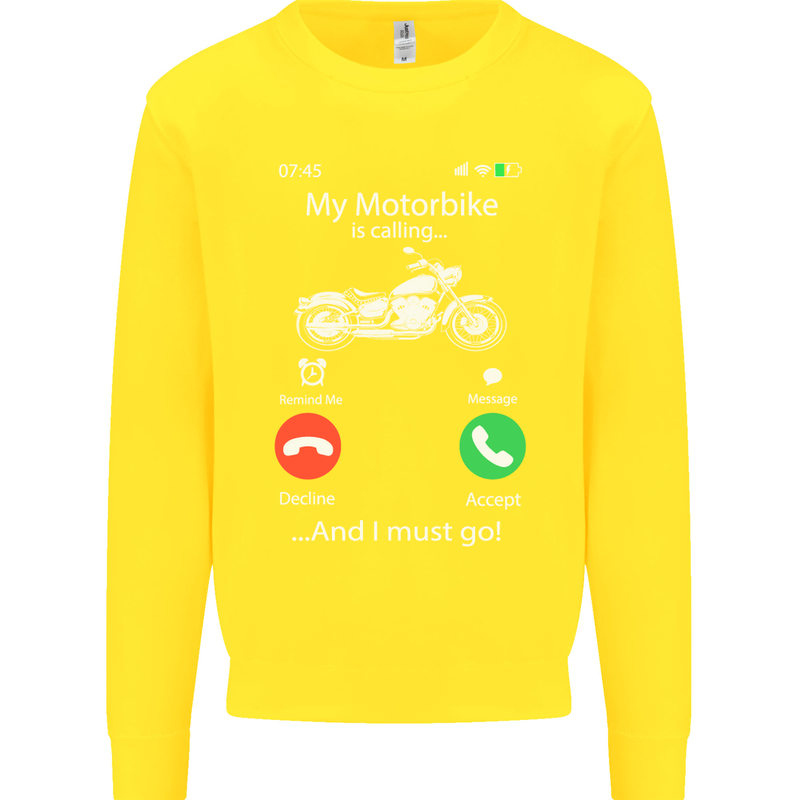 My Motorbike Is Calling Biker Motorcycle Kids Sweatshirt Jumper Yellow