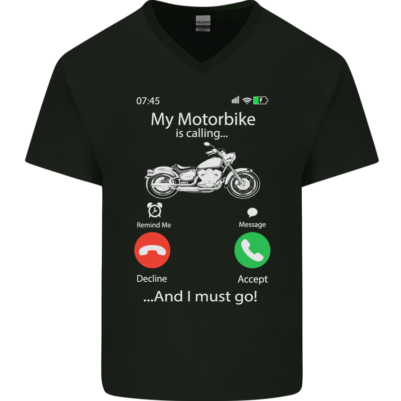My Motorbike Is Calling Biker Motorcycle Mens V-Neck Cotton T-Shirt Black