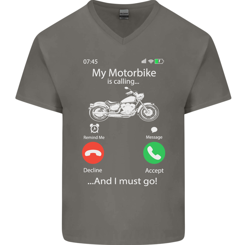 My Motorbike Is Calling Biker Motorcycle Mens V-Neck Cotton T-Shirt Charcoal