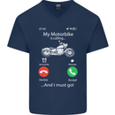 My Motorbike Is Calling Biker Motorcycle Mens V-Neck Cotton T-Shirt Navy Blue