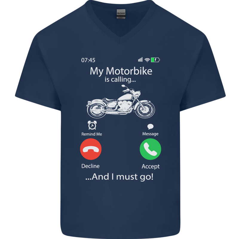 My Motorbike Is Calling Biker Motorcycle Mens V-Neck Cotton T-Shirt Navy Blue