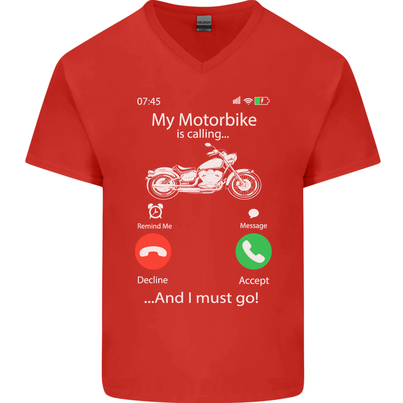 My Motorbike Is Calling Biker Motorcycle Mens V-Neck Cotton T-Shirt Red