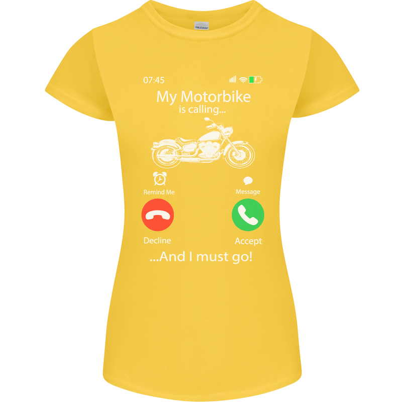 My Motorbike Is Calling Biker Motorcycle Womens Petite Cut T-Shirt Yellow